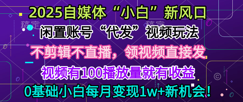 2025每月躺赚5w+新机会，闲置视频账号一键代发玩法，0粉不实名不剪辑，领了视频直接发，0基础小白也能日入300+-千图副业网